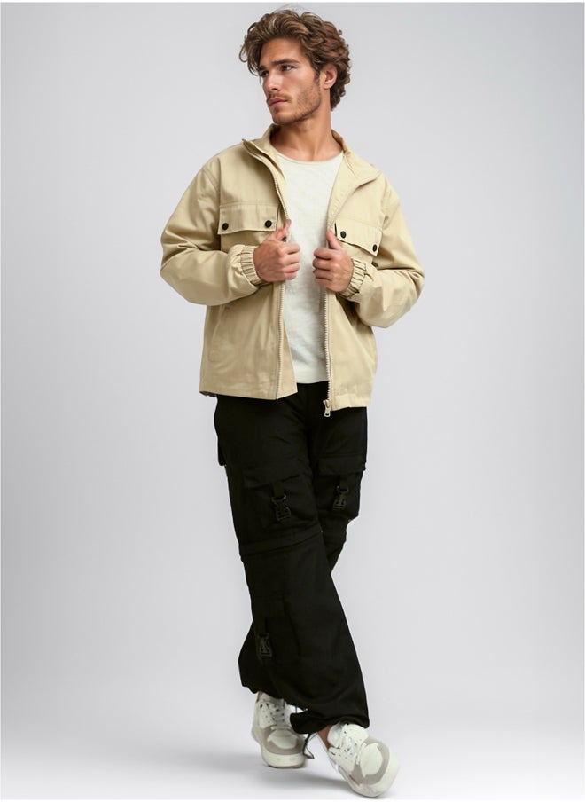 RAVIN Turn Down Collar Zipped Solid Sand Jacket  - Image 5