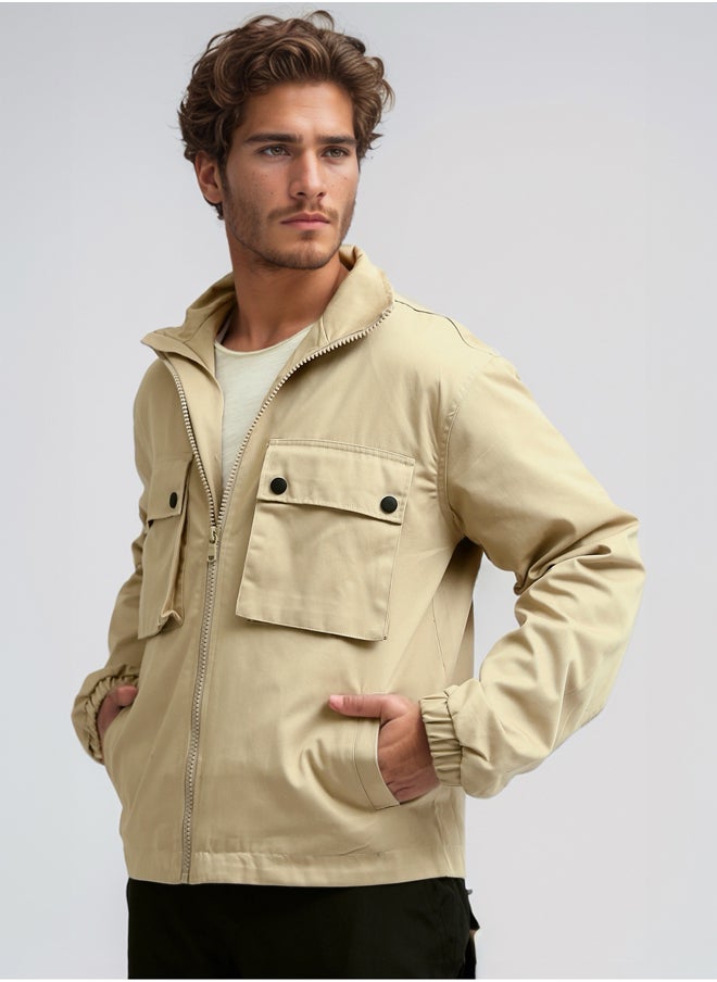 RAVIN Turn Down Collar Zipped Solid Sand Jacket  - Image 2