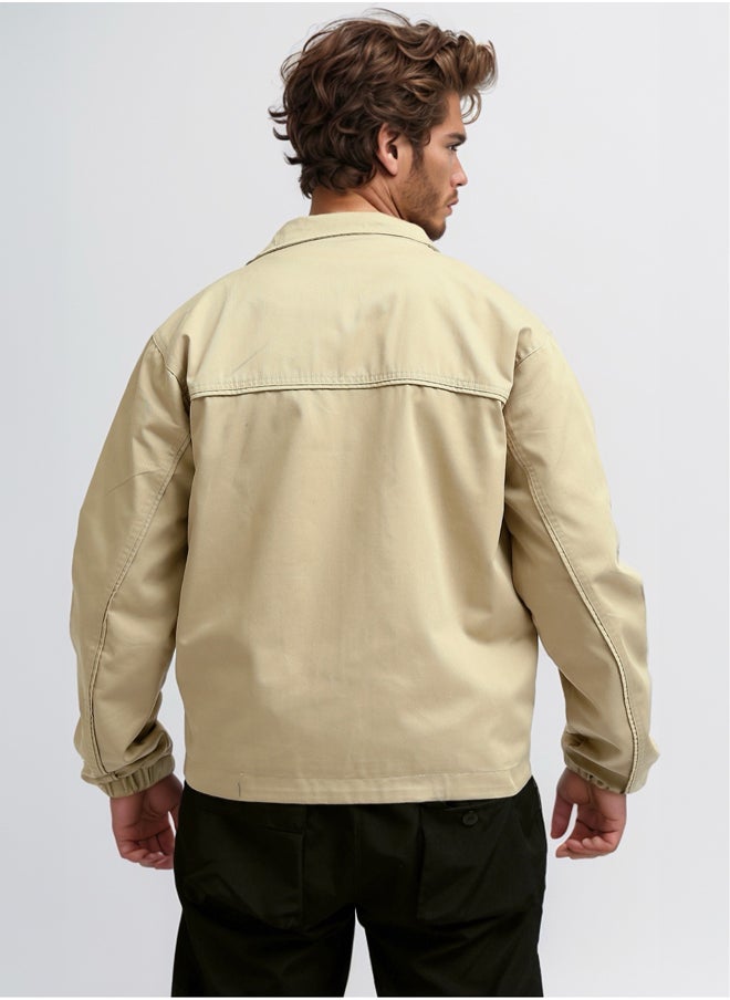 RAVIN Turn Down Collar Zipped Solid Sand Jacket  - Image 3