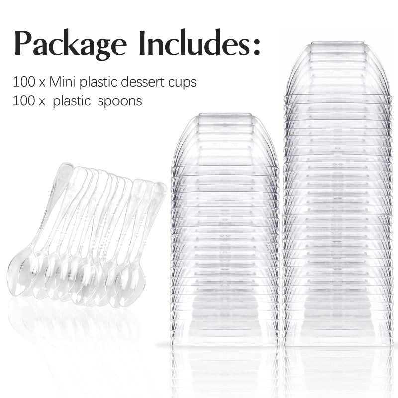TOFLEN 100ct 2 oz Mini Dessert Cups with Spoons, Clear Plastic Reusable Small Party Serving Cups for Appetizers, Hors D'oeuvres Plates - Image 3