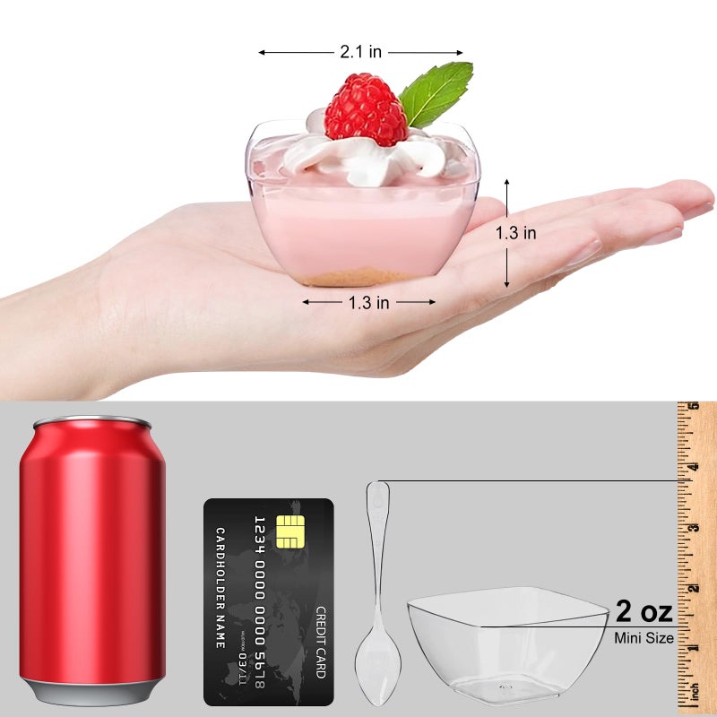 TOFLEN 100ct 2 oz Mini Dessert Cups with Spoons, Clear Plastic Reusable Small Party Serving Cups for Appetizers, Hors D'oeuvres Plates - Image 2