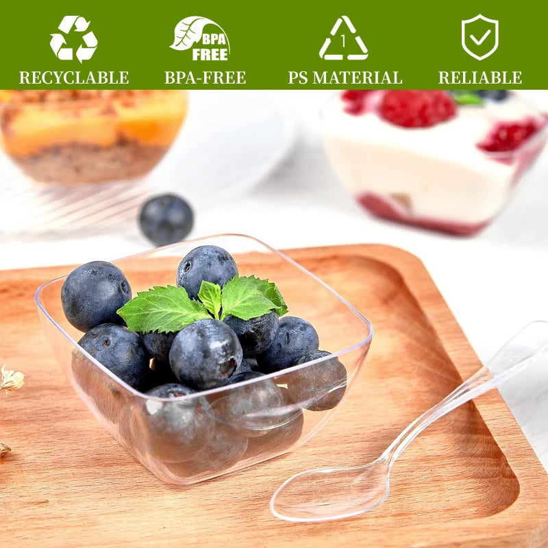TOFLEN 100ct 2 oz Mini Dessert Cups with Spoons, Clear Plastic Reusable Small Party Serving Cups for Appetizers, Hors D'oeuvres Plates - Image 4