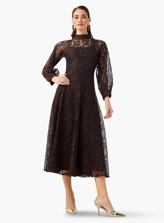 ايكونيك Iconic Midi A line Dress with Lace Detail