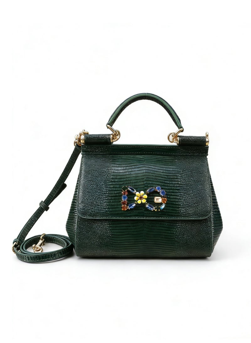 D&G Dolce&Gabbana Green Lizard Pattern Leather Sicily Bag - D&G Gold Hardware, Top Handle and Convertible Strap, Signature Logo, Luxury Structured Handbag for Daily and Formal Occasions, Exquisite Luxury Small Bag, Gift Box Packaging, Banquet Small Bag - Image 4