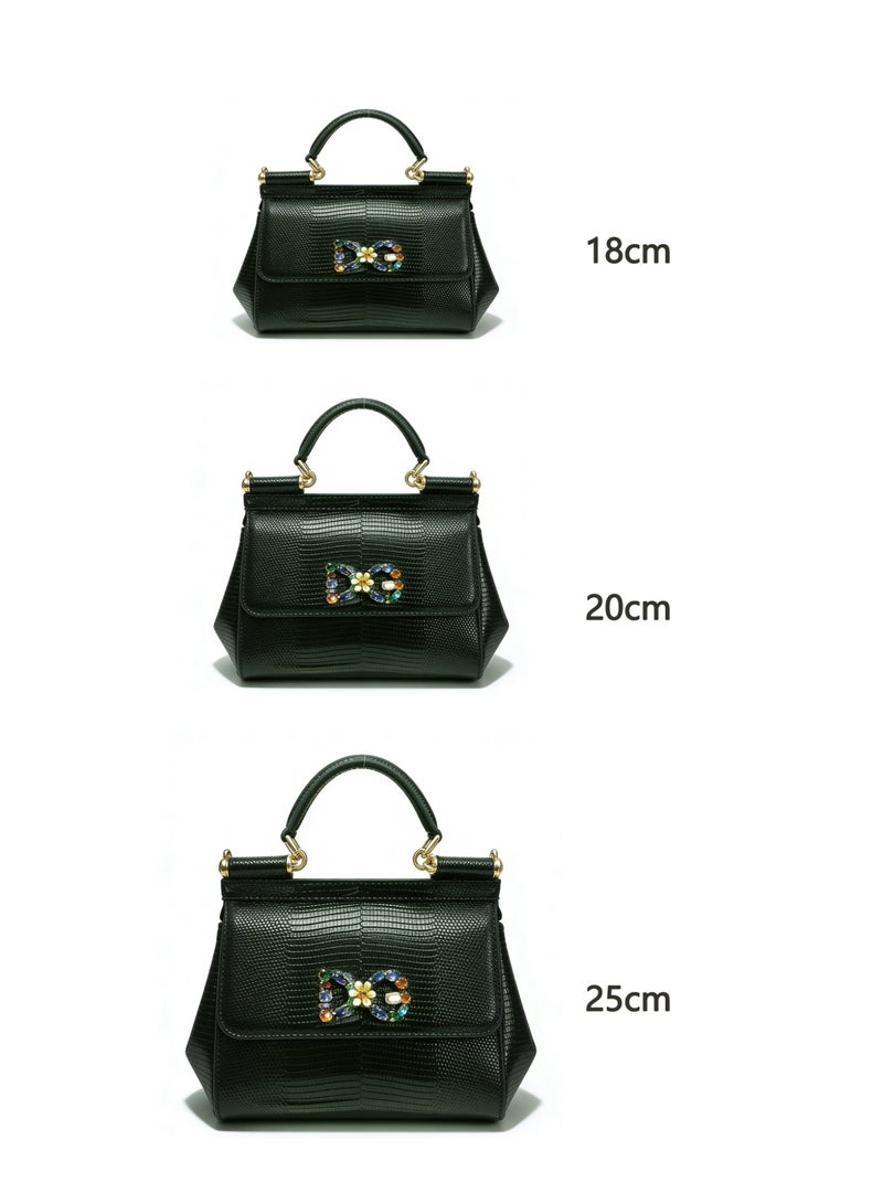 D&G Dolce&Gabbana Green Lizard Pattern Leather Sicily Bag - D&G Gold Hardware, Top Handle and Convertible Strap, Signature Logo, Luxury Structured Handbag for Daily and Formal Occasions, Exquisite Luxury Small Bag, Gift Box Packaging, Banquet Small Bag - Image 5