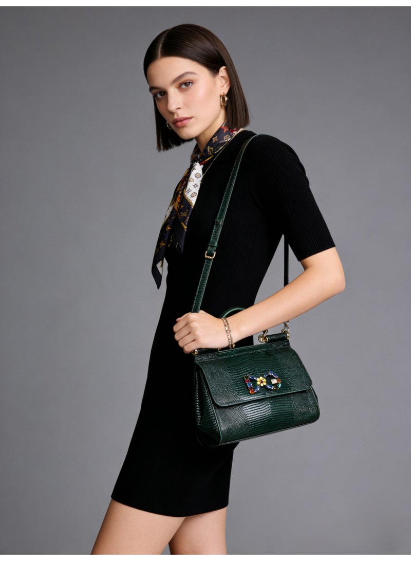 D&G Dolce&Gabbana Green Lizard Pattern Leather Sicily Bag - D&G Gold Hardware, Top Handle and Convertible Strap, Signature Logo, Luxury Structured Handbag for Daily and Formal Occasions, Exquisite Luxury Small Bag, Gift Box Packaging, Banquet Small Bag - Image 2