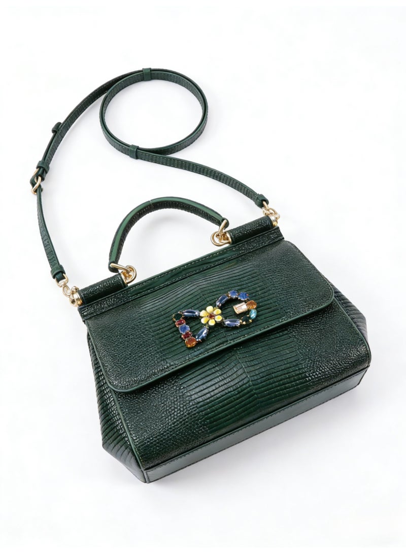 D&G Dolce&Gabbana Green Lizard Pattern Leather Sicily Bag - D&G Gold Hardware, Top Handle and Convertible Strap, Signature Logo, Luxury Structured Handbag for Daily and Formal Occasions, Exquisite Luxury Small Bag, Gift Box Packaging, Banquet Small Bag - Image 3