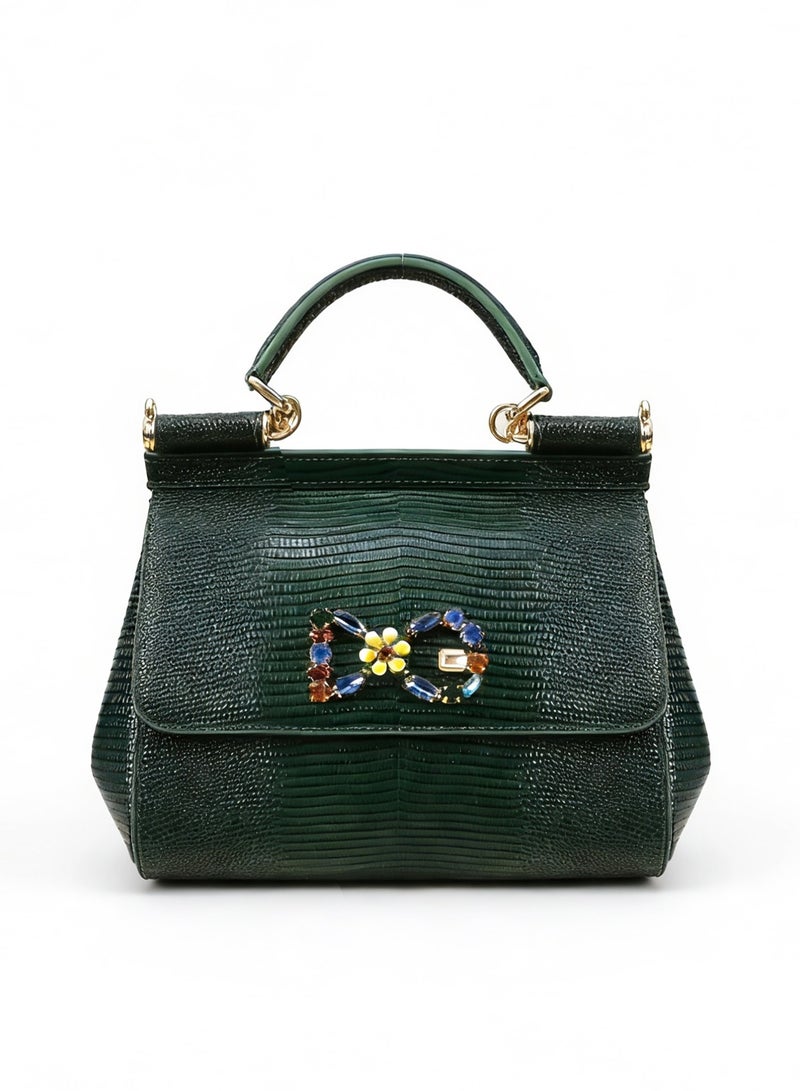 D&G Dolce&Gabbana Green Lizard Pattern Leather Sicily Bag - D&G Gold Hardware, Top Handle and Convertible Strap, Signature Logo, Luxury Structured Handbag for Daily and Formal Occasions, Exquisite Luxury Small Bag, Gift Box Packaging, Banquet Small Bag - Image 1