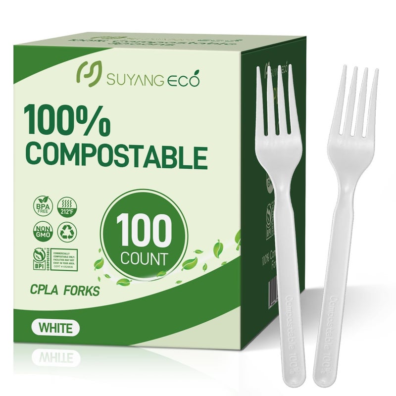 SUYANGECO Compostable Disposable Forks 100 Count Bulk Forks Biodegradable Heavy Duty Forks Silverware Cutlery Biodegradable Utensils for Parties Dinners - Image 1