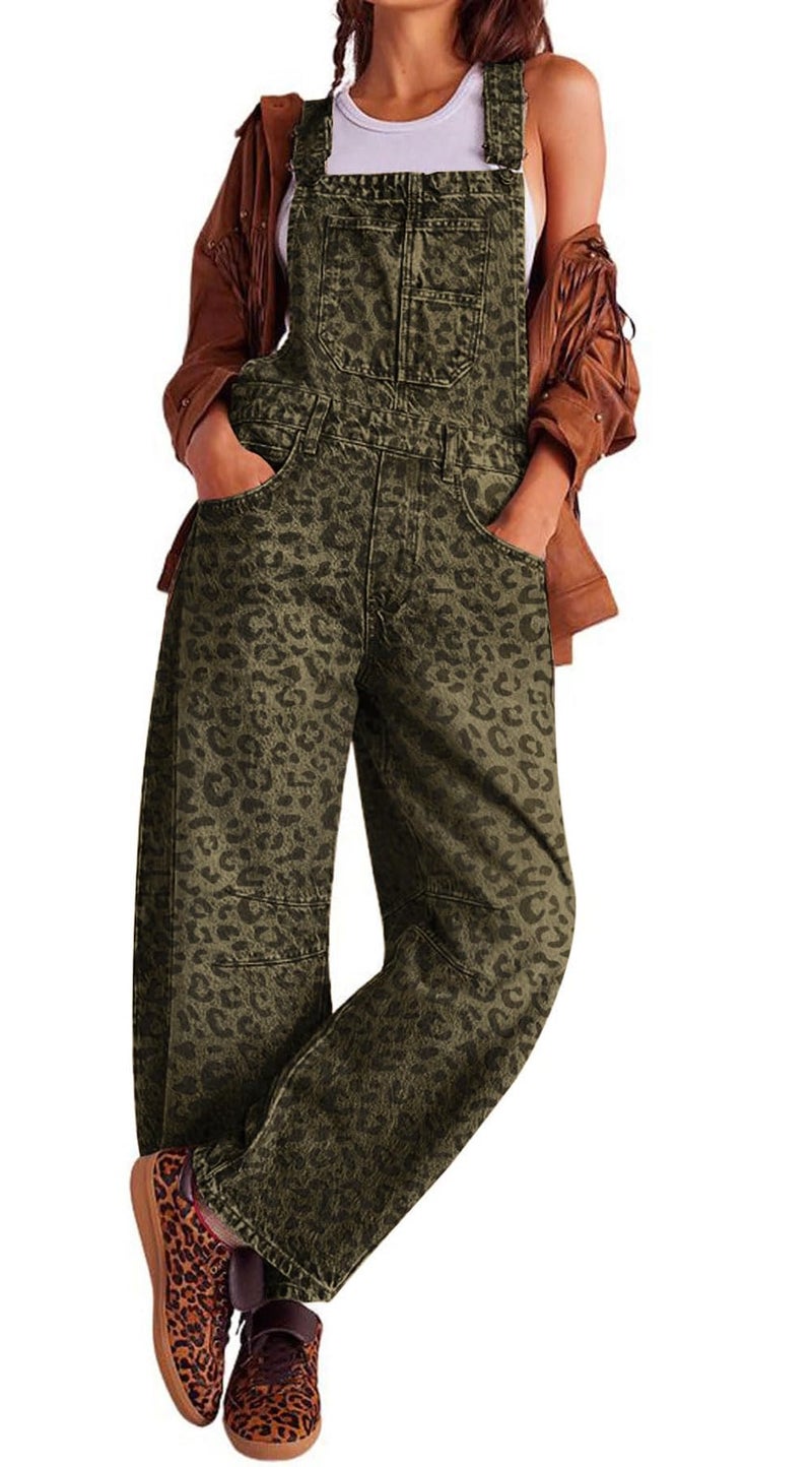 loveimgs Women Y2k Baggy Barrel Jeans Overalls Wide Leg Denim Pants Bib Overalls Jumpsuit Boyfriend Patchwork Jeans (X-Small,Leopard) - Image 1