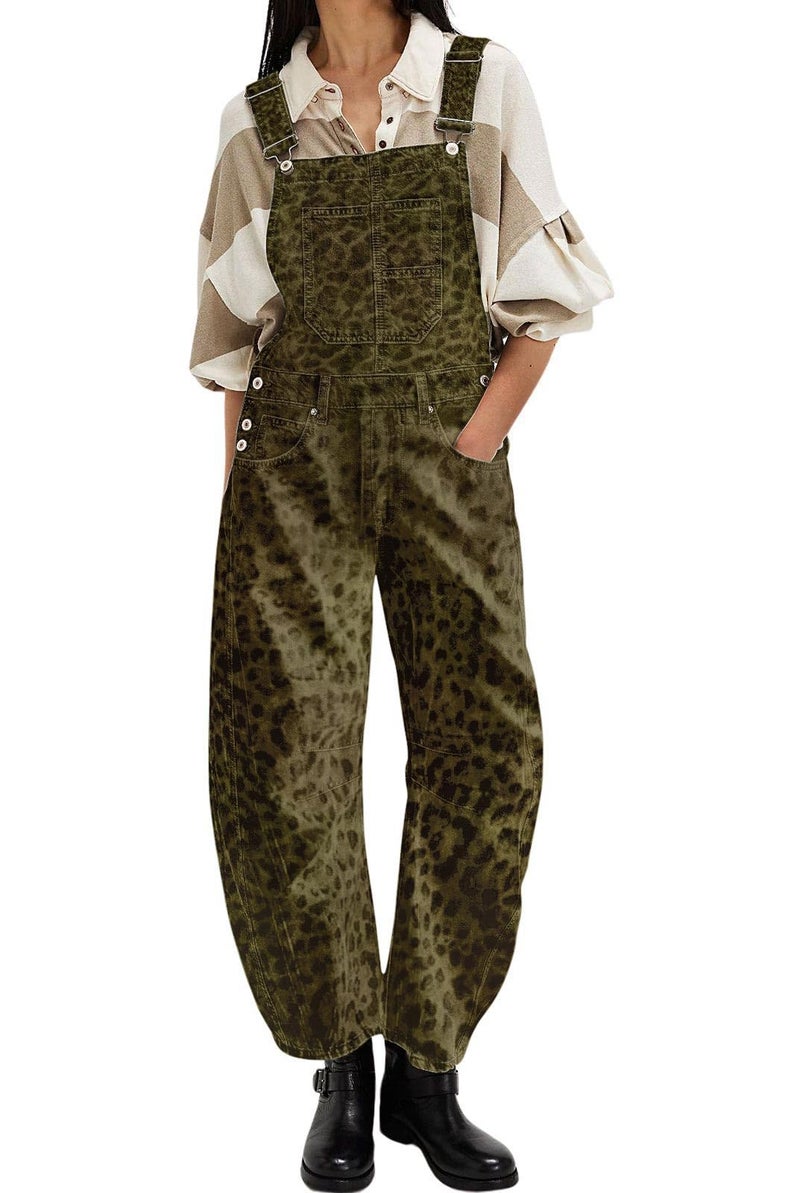 loveimgs Women Y2k Baggy Barrel Jeans Overalls Wide Leg Denim Pants Bib Overalls Jumpsuit Boyfriend Patchwork Jeans (X-Small,Leopard) - Image 2