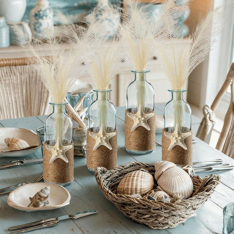 فيسينبال Set of 4 Blue Bud Glass Vase Coastal Starfish Small Flower Vase with Artificial Reeds Boho Rope Beach Decorative Table Centerpiece for Coastal Nautical Wedding Floral Room Decor - Image 5
