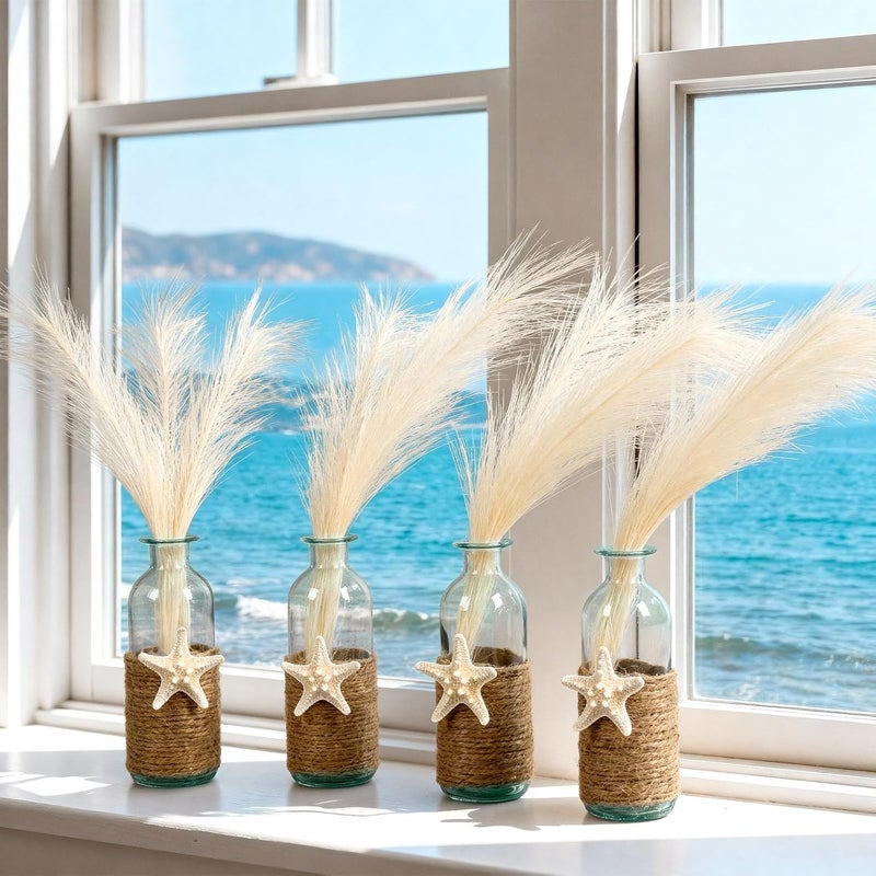 فيسينبال Set of 4 Blue Bud Glass Vase Coastal Starfish Small Flower Vase with Artificial Reeds Boho Rope Beach Decorative Table Centerpiece for Coastal Nautical Wedding Floral Room Decor - Image 1