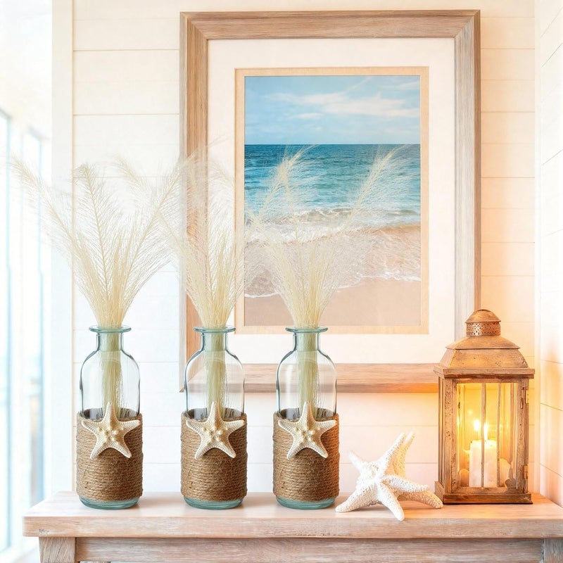 فيسينبال Set of 4 Blue Bud Glass Vase Coastal Starfish Small Flower Vase with Artificial Reeds Boho Rope Beach Decorative Table Centerpiece for Coastal Nautical Wedding Floral Room Decor - Image 4
