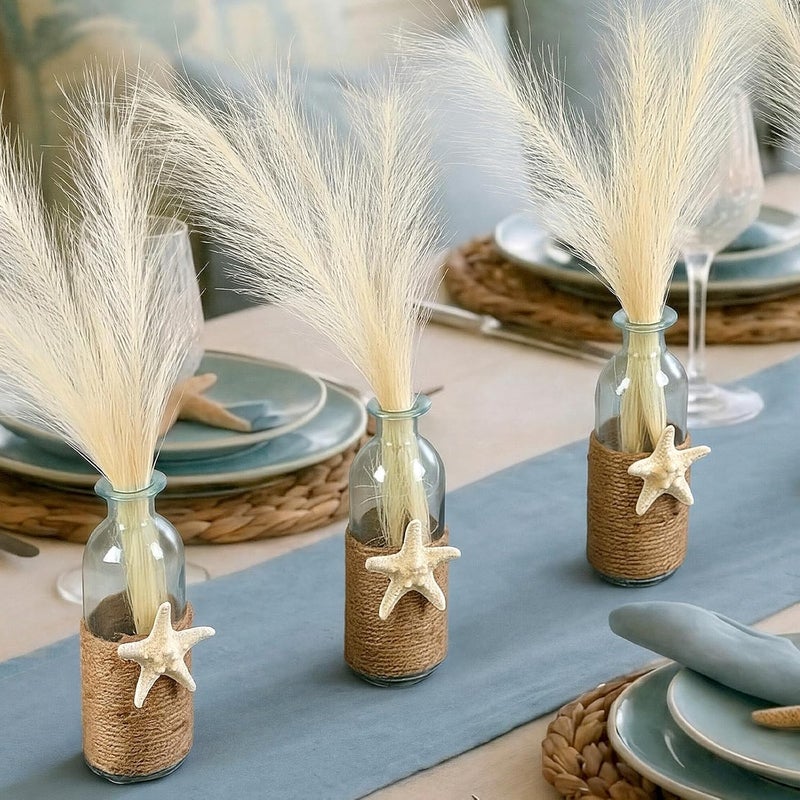 فيسينبال Set of 4 Blue Bud Glass Vase Coastal Starfish Small Flower Vase with Artificial Reeds Boho Rope Beach Decorative Table Centerpiece for Coastal Nautical Wedding Floral Room Decor - Image 3