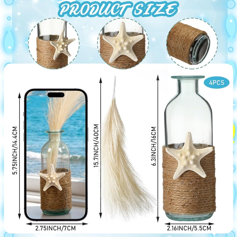 فيسينبال Set of 4 Blue Bud Glass Vase Coastal Starfish Small Flower Vase with Artificial Reeds Boho Rope Beach Decorative Table Centerpiece for Coastal Nautical Wedding Floral Room Decor - Image 2