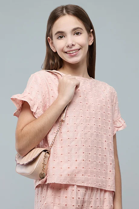 أر أند بي Lace Detail Top with Crew Neck and Short Sleeves