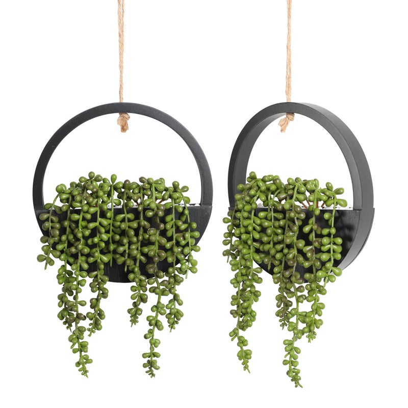 Floweroyal 2pcs Artificial Succulents Hanging Plants 12.2'' Fake String of Pearls in Pot with 8.3'' Lanyard for Indoor Outdoor Wall Decor (Black). - Image 1
