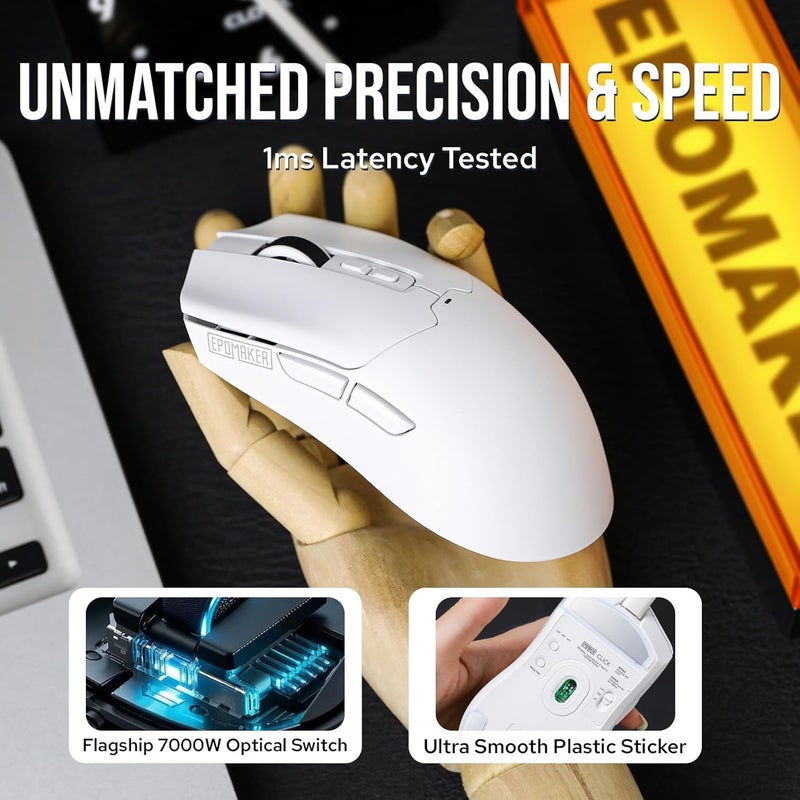 EPOMAKER Click Gaming Mouse Wireless 2.4Ghz/Bluetooth/Type-C, 800 to 42,000 DPI Adjustable, 8K Polling Rate, 500mAh, Lightweight Optical Mouse, for PC/Mac/Linux (White) - Image 3