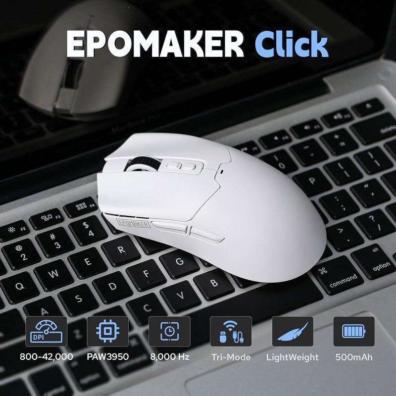 EPOMAKER Click Gaming Mouse Wireless 2.4Ghz/Bluetooth/Type-C, 800 to 42,000 DPI Adjustable, 8K Polling Rate, 500mAh, Lightweight Optical Mouse, for PC/Mac/Linux (White) - Image 4