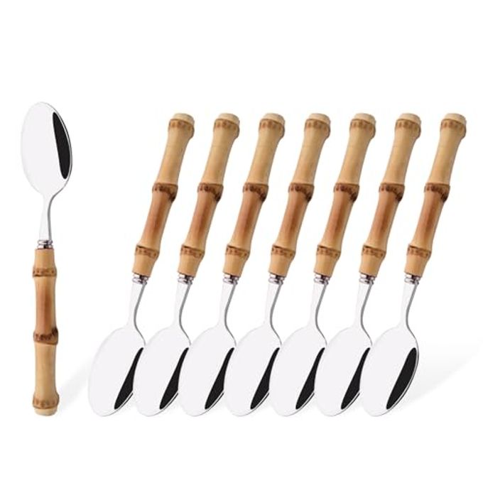Uniturcky Dessert Spoon Set with Bamboo Handle, 8-Piece Stainless Steel Shiny Silver Dessert Spoon, Natural Bamboo Cutlery, Creative Design Small Spoons for Home Restaurant, 6.65 inch, Handcrafted