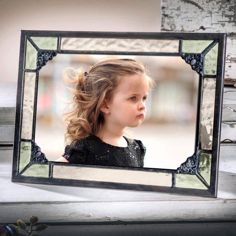 J Devlin Glass Art J Devlin 4x6 Vintage Green Stained Glass Picture Frame  Horizontal or Vertical Photo Display Handcrafted Decorative Glass Frame with Antique Charcoal Patina - Image 1
