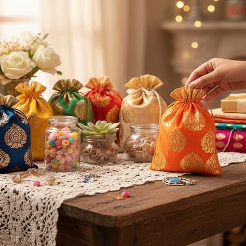 Touchstone Fabric Gorgeous Indian Traditional Large Drawstring Bags Pouches Potli For Gift Wedding Jewelry Packaging Bridal Party Mixed Colors Set Of 9 For Women.,Multicolor - Image 4