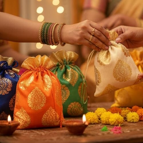 Touchstone Fabric Gorgeous Indian Traditional Large Drawstring Bags Pouches Potli For Gift Wedding Jewelry Packaging Bridal Party Mixed Colors Set Of 9 For Women.,Multicolor - Image 3