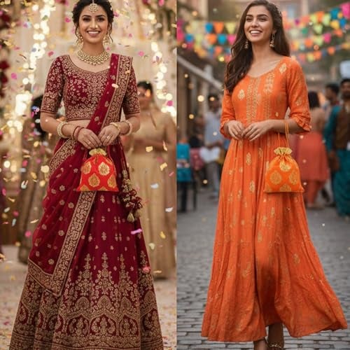 Touchstone Fabric Gorgeous Indian Traditional Large Drawstring Bags Pouches Potli For Gift Wedding Jewelry Packaging Bridal Party Mixed Colors Set Of 9 For Women.,Multicolor - Image 2
