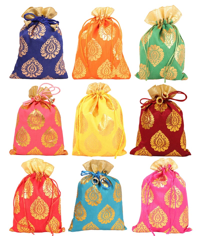 Touchstone Fabric Gorgeous Indian Traditional Large Drawstring Bags Pouches Potli For Gift Wedding Jewelry Packaging Bridal Party Mixed Colors Set Of 9 For Women.,Multicolor - Image 1