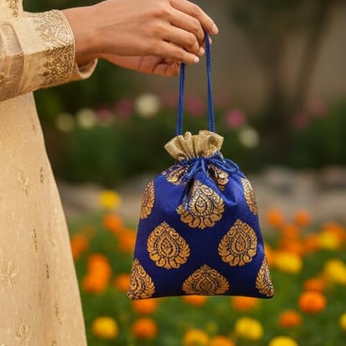 Touchstone Fabric Gorgeous Indian Traditional Large Drawstring Bags Pouches Potli For Gift Wedding Jewelry Packaging Bridal Party Mixed Colors Set Of 9 For Women.,Multicolor - Image 5