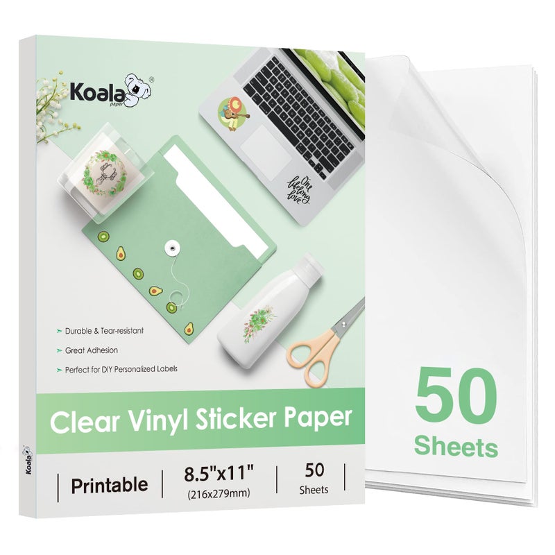 KOALA PAPER Koala 95% Clear Sticker Paper for Inkjet Printer - Waterproof Printable Vinyl Sticker Paper - 8.5x11 Inch, 50 Sheets, Transparent Glossy - Easy to Use for DIY Personalized Decals - Image 1
