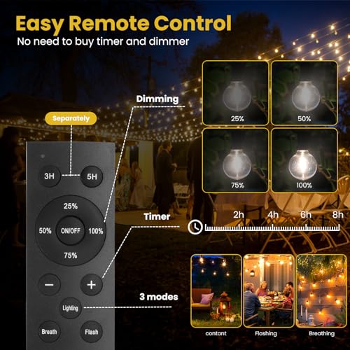 Yusist 100FT Solar String Lights Outdoor Waterproof with Remote, G40 Solar Powered String Lights with 30+2 LED Shatterproof Bulbs, Dimmable Solar Patio Hanging Lights for Outside Backyard Party - Image 2