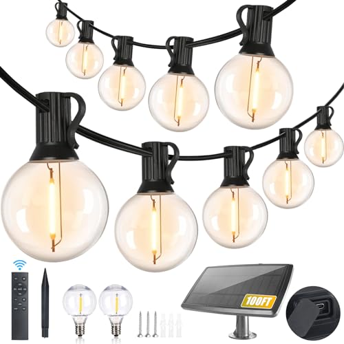 Yusist 100FT Solar String Lights Outdoor Waterproof with Remote, G40 Solar Powered String Lights with 30+2 LED Shatterproof Bulbs, Dimmable Solar Patio Hanging Lights for Outside Backyard Party - Image 1