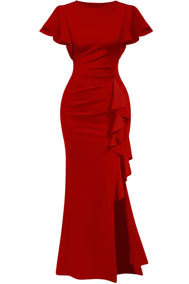 Memoriesea Women's Elegant High Split Ruched Bodycon Mermaid Evening Cocktail Maxi Dress Red - Image 1