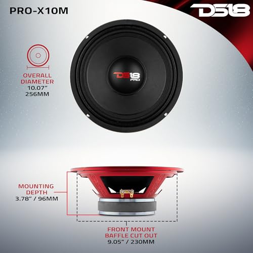 DS18 PRO-X10M Loudspeaker - 10", Midrange, Red Steel Basket, 600W Max, 300W RMS, 8 Ohms - Premium Quality Audio Door Speakers for Car or Truck Stereo Sound System (1 Speaker), Classic - Image 3