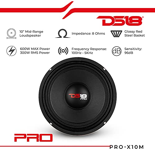 DS18 PRO-X10M Loudspeaker - 10", Midrange, Red Steel Basket, 600W Max, 300W RMS, 8 Ohms - Premium Quality Audio Door Speakers for Car or Truck Stereo Sound System (1 Speaker), Classic - Image 2