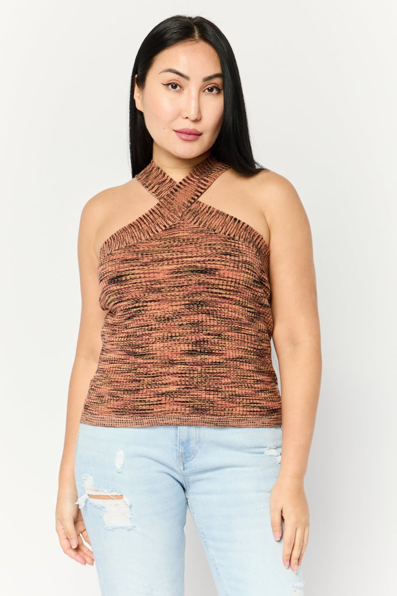 DKNY Women Criss Cross Neck Sleeveless Space Dye Pattern Top, Multicolor - Image 1