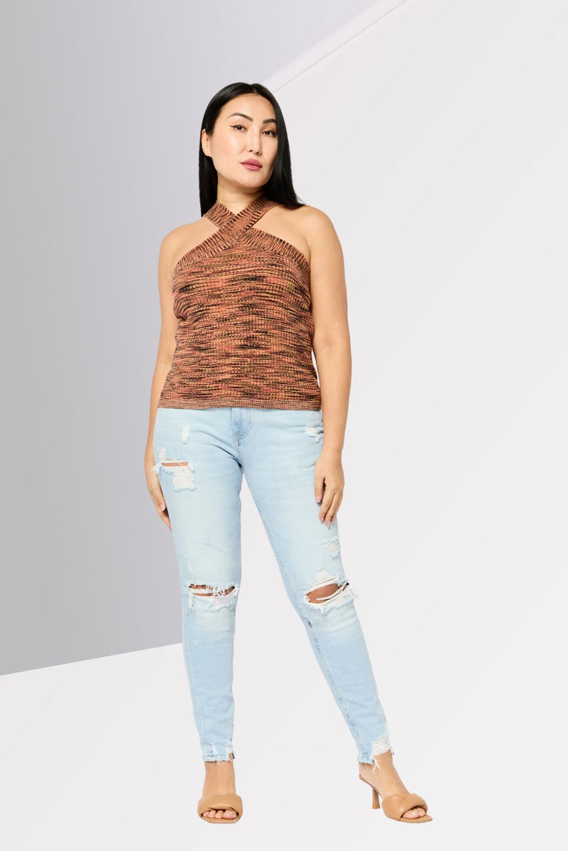 DKNY Women Criss Cross Neck Sleeveless Space Dye Pattern Top, Multicolor - Image 2