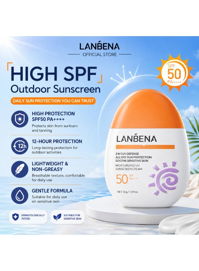 LANBENA Moisturizing UV Sunscreen Cream SPF 50 PA+++ 30g 3-in-1 Facial Sunscreen for Sensitive Skin - Image 5