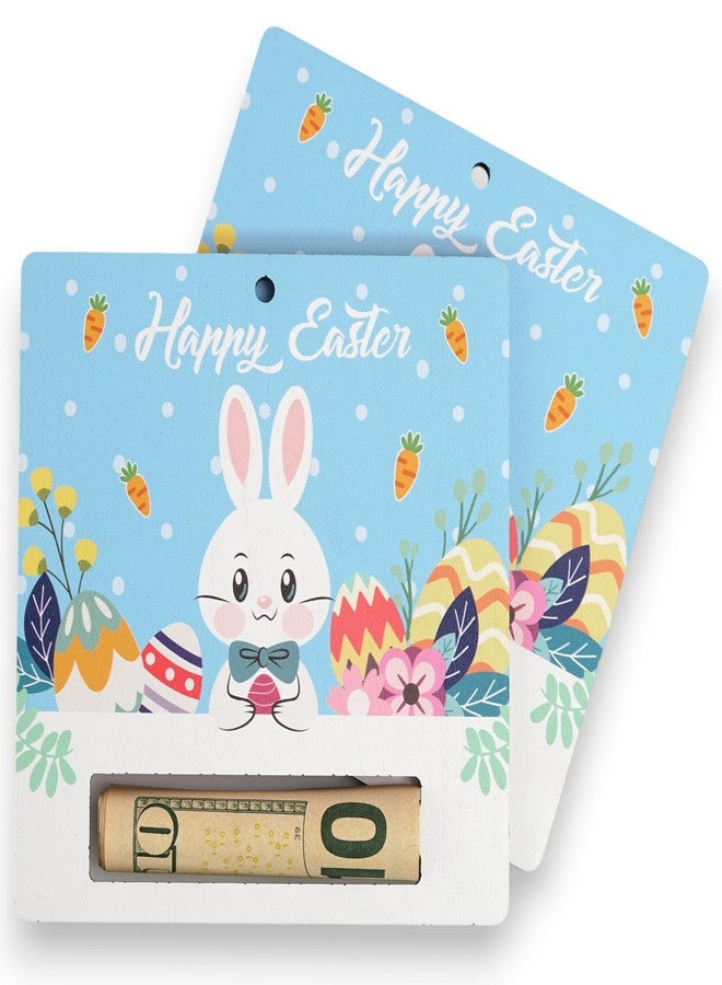 KATINAT Easter Bunny Money Holder for Cash, Pack of 2 Wooden Bunny Cash Holders, Easter Basket Stuffers for Teens & Kids, Bunny Holding Easter Egg Cash Gift, Blue Bunny Money Holder Set - Image 1