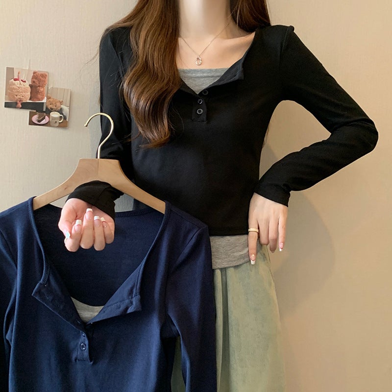 Real S 1*1 Thread 210G Bottoming Shirt Women'S Tide Thin Short Round Neck Fake Two-Piece Coat Long Sleeve T-Shirt - Image 2