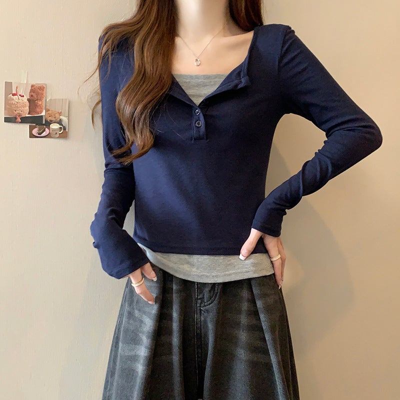 Real S 1*1 Thread 210G Bottoming Shirt Women'S Tide Thin Short Round Neck Fake Two-Piece Coat Long Sleeve T-Shirt - Image 1