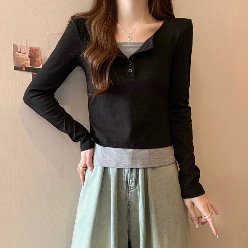Real S 1*1 Thread 210G Bottoming Shirt Women'S Tide Thin Short Round Neck Fake Two-Piece Coat Long Sleeve T-Shirt - Image 3