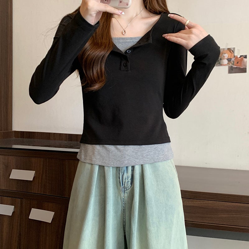 Real S 1*1 Thread 210G Bottoming Shirt Women'S Tide Thin Short Round Neck Fake Two-Piece Coat Long Sleeve T-Shirt - Image 4