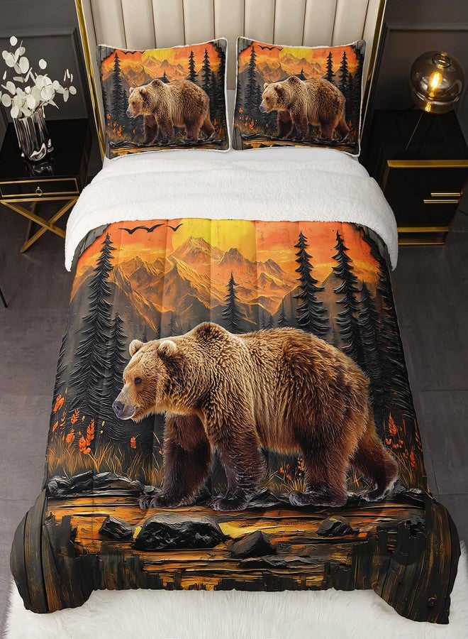 UEVBF Wildlife Themed Twin Bedding Set,Bear and Sunset Pattern Sherpa Comforter,Luxury Warm Bedding Set for Winter,Rustic Bedding Fuzzy Plush Micromink Bed Sets 3 Pieces with 2 Pillowcases. - Image 2