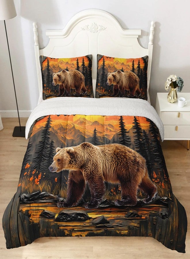 UEVBF Wildlife Themed Twin Bedding Set,Bear and Sunset Pattern Sherpa Comforter,Luxury Warm Bedding Set for Winter,Rustic Bedding Fuzzy Plush Micromink Bed Sets 3 Pieces with 2 Pillowcases. - Image 1