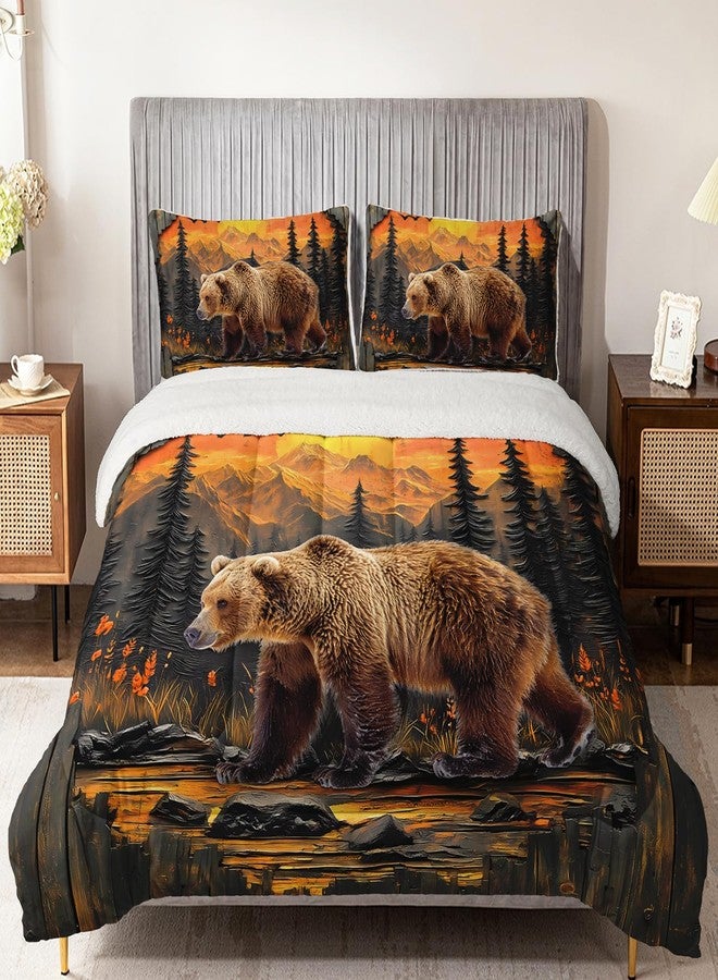 UEVBF Wildlife Themed Twin Bedding Set,Bear and Sunset Pattern Sherpa Comforter,Luxury Warm Bedding Set for Winter,Rustic Bedding Fuzzy Plush Micromink Bed Sets 3 Pieces with 2 Pillowcases. - Image 3