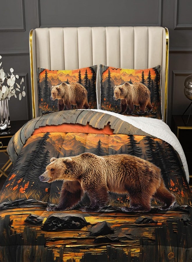 UEVBF Wildlife Themed Twin Bedding Set,Bear and Sunset Pattern Sherpa Comforter,Luxury Warm Bedding Set for Winter,Rustic Bedding Fuzzy Plush Micromink Bed Sets 3 Pieces with 2 Pillowcases. - Image 4