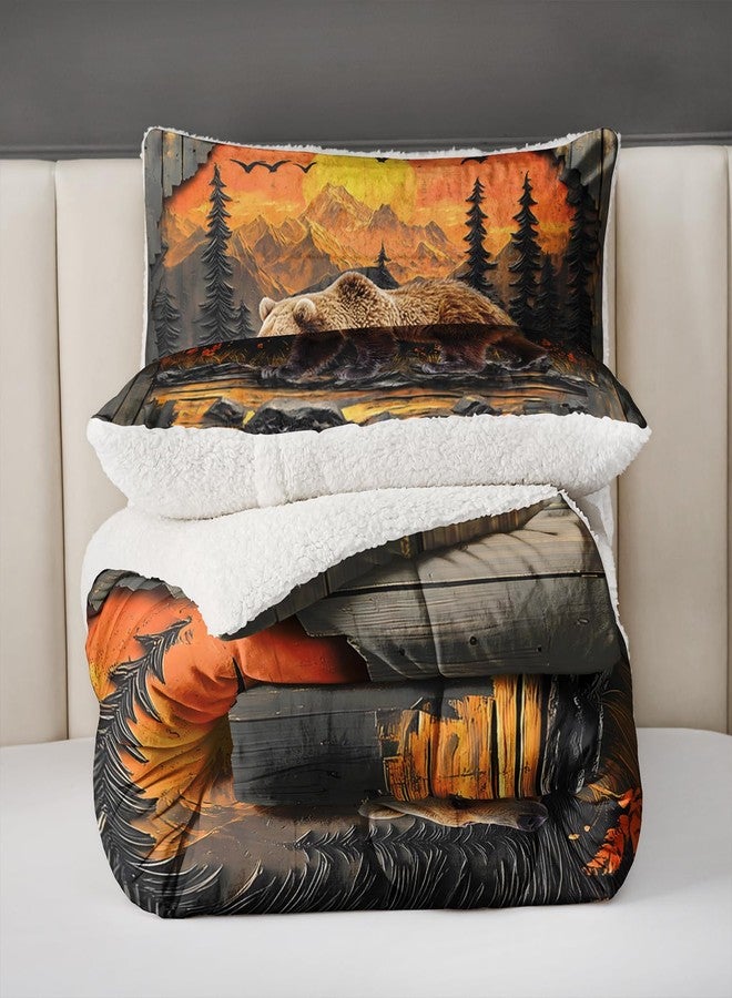 UEVBF Wildlife Themed Twin Bedding Set,Bear and Sunset Pattern Sherpa Comforter,Luxury Warm Bedding Set for Winter,Rustic Bedding Fuzzy Plush Micromink Bed Sets 3 Pieces with 2 Pillowcases. - Image 5